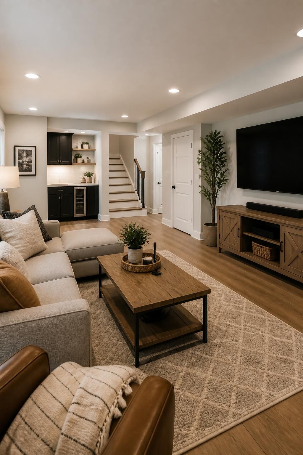 Finished basement living space with clean trim and warm wood accents.