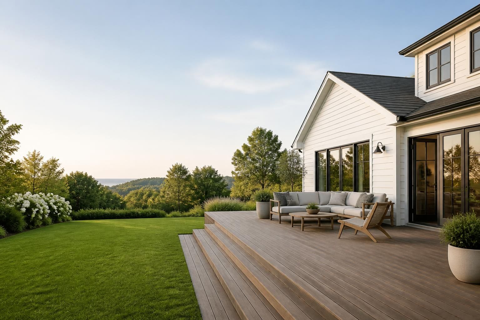Finished home exterior with a modern deck and open space.