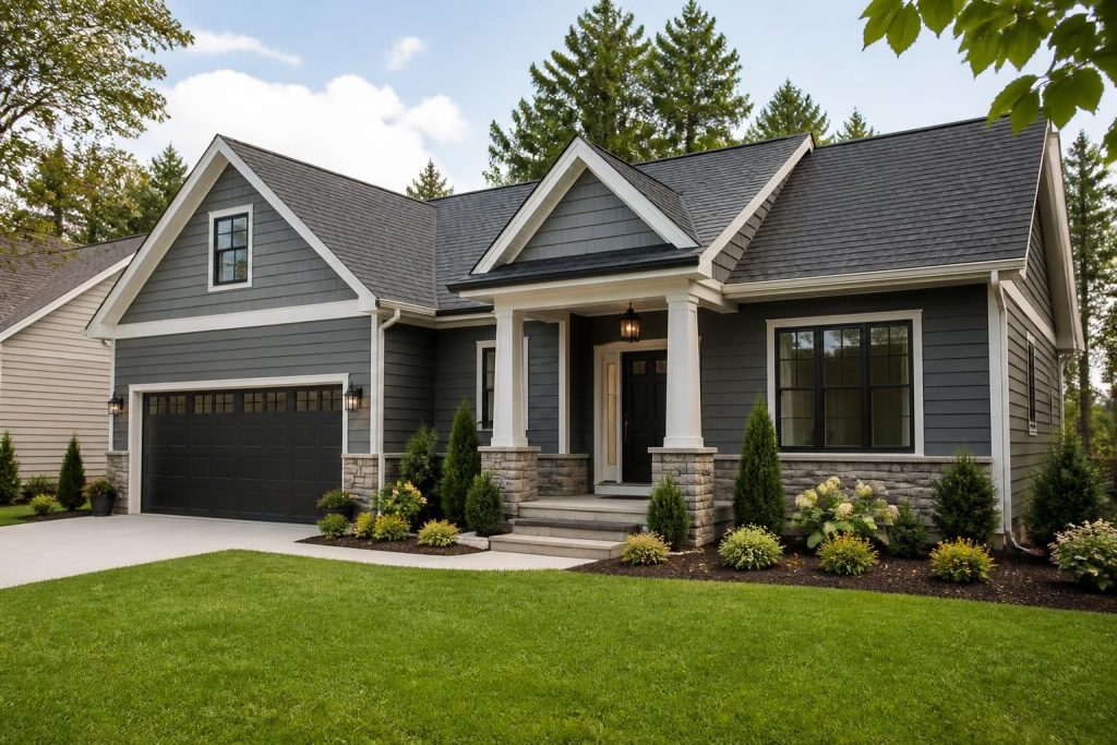 Modern renovated home exterior with new siding and roofline.
